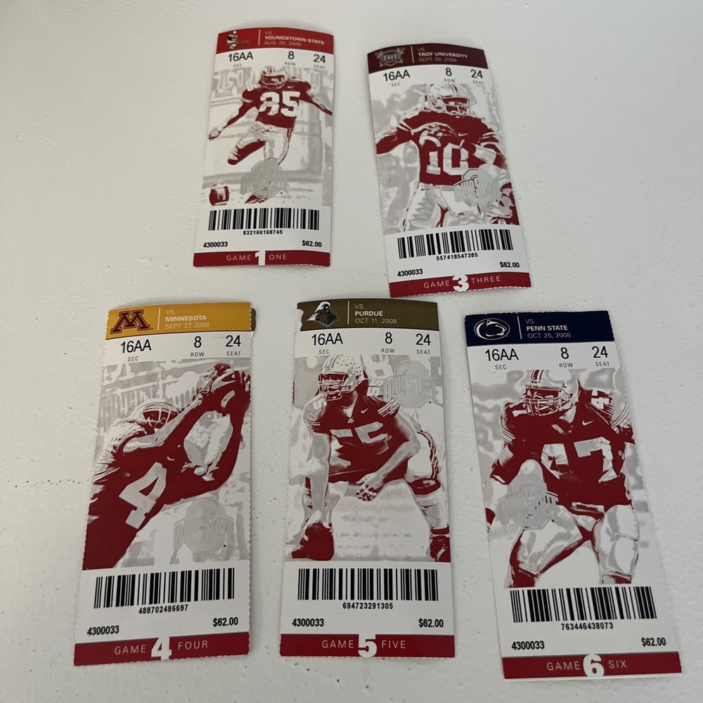 OHIO STATE Buckeyes Football 2008 Season Ticket Stubs Games 1, 3, 4, 5, & 6